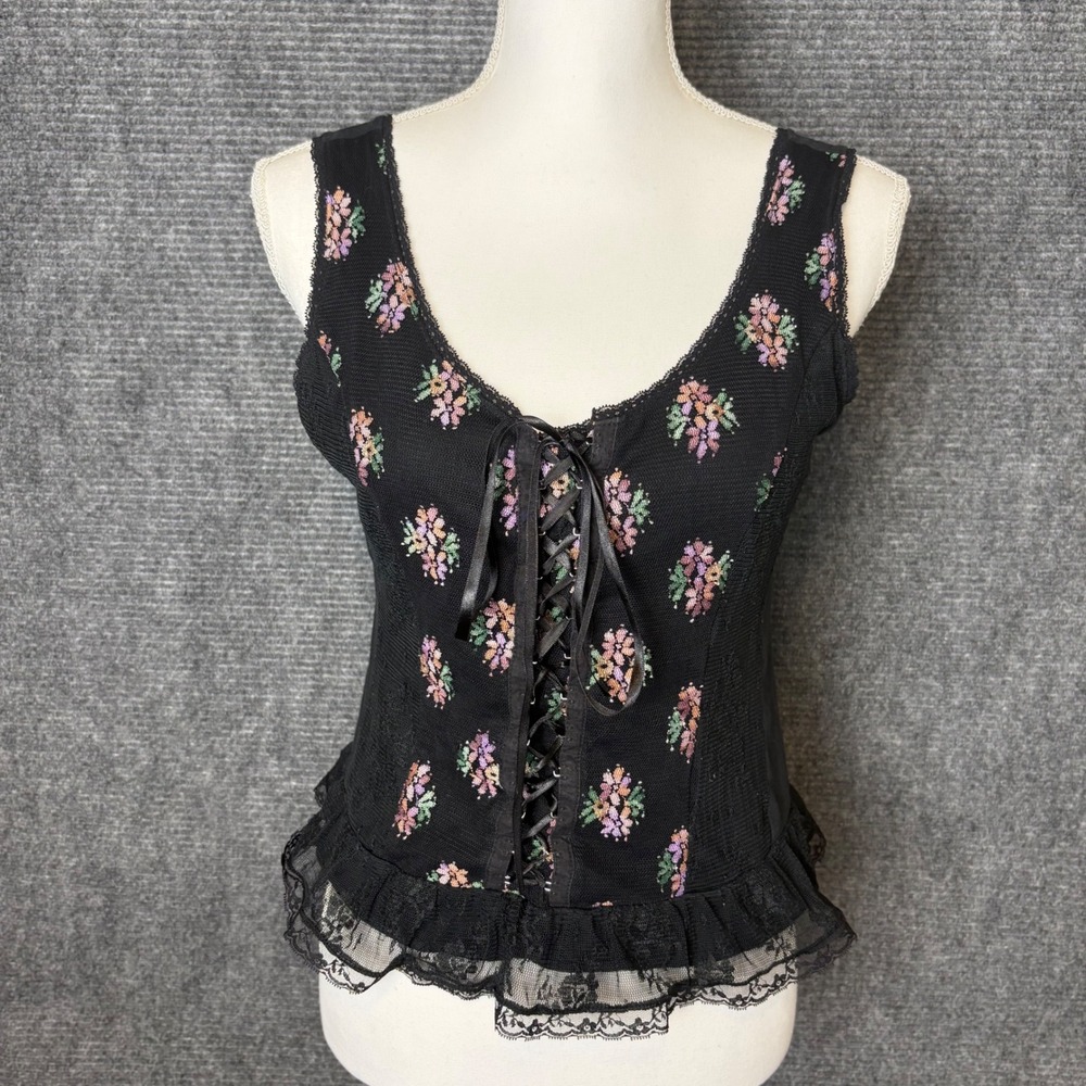 New York & Company Lace Up Corset Women Black Floral Embroidered Y2K Cottagecore